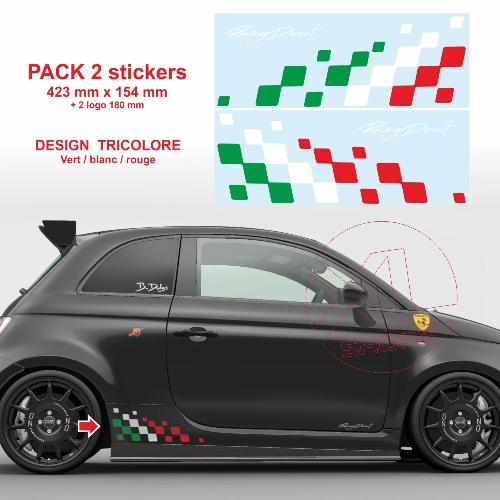 2 stickers pour FIAT ABARTH damiers tricolore latéraux Racing 42 cm 