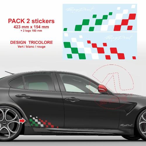 2 stickers pour ALFA ROMEO damiers tricolore latéraux Racing 42 cm 