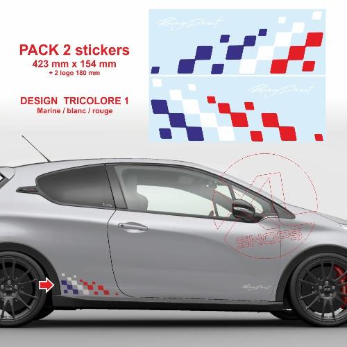 2 stickers pour PEUGEOT SPORT damiers tricolore latéraux Racing 42 cm 